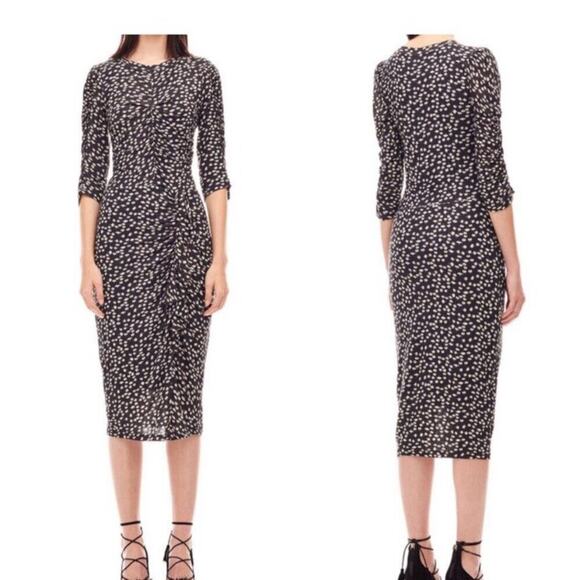 REBECCA TAYLOR DRESS RUCHED PREPPY CHIC FLORAL FIZZ BLACK IVORY Sz M TRENDY - Picture 5 of 15